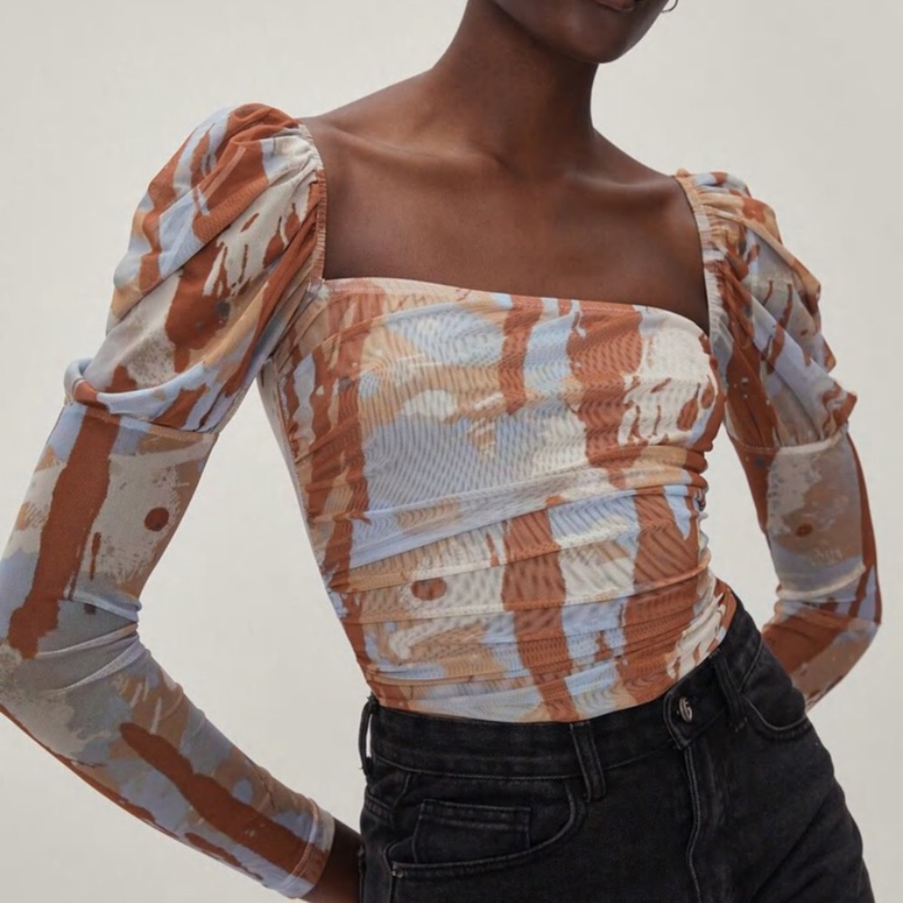 Nastygal Marble Puff Sleeve Bodysuit